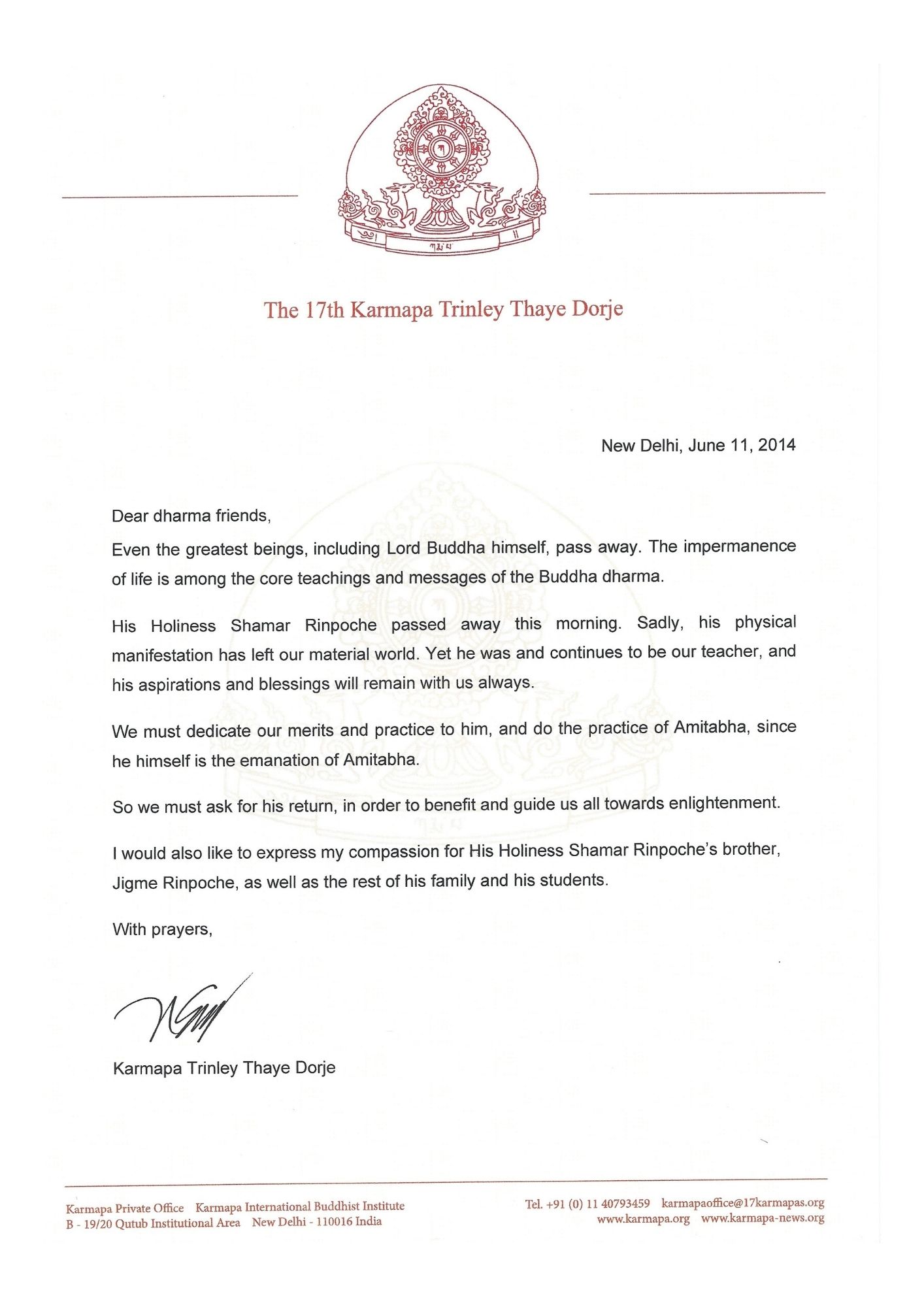 Tendrel 1_annonce_Tai_Sitou Karmapa annonce parinirvana Künzik Shamarpa