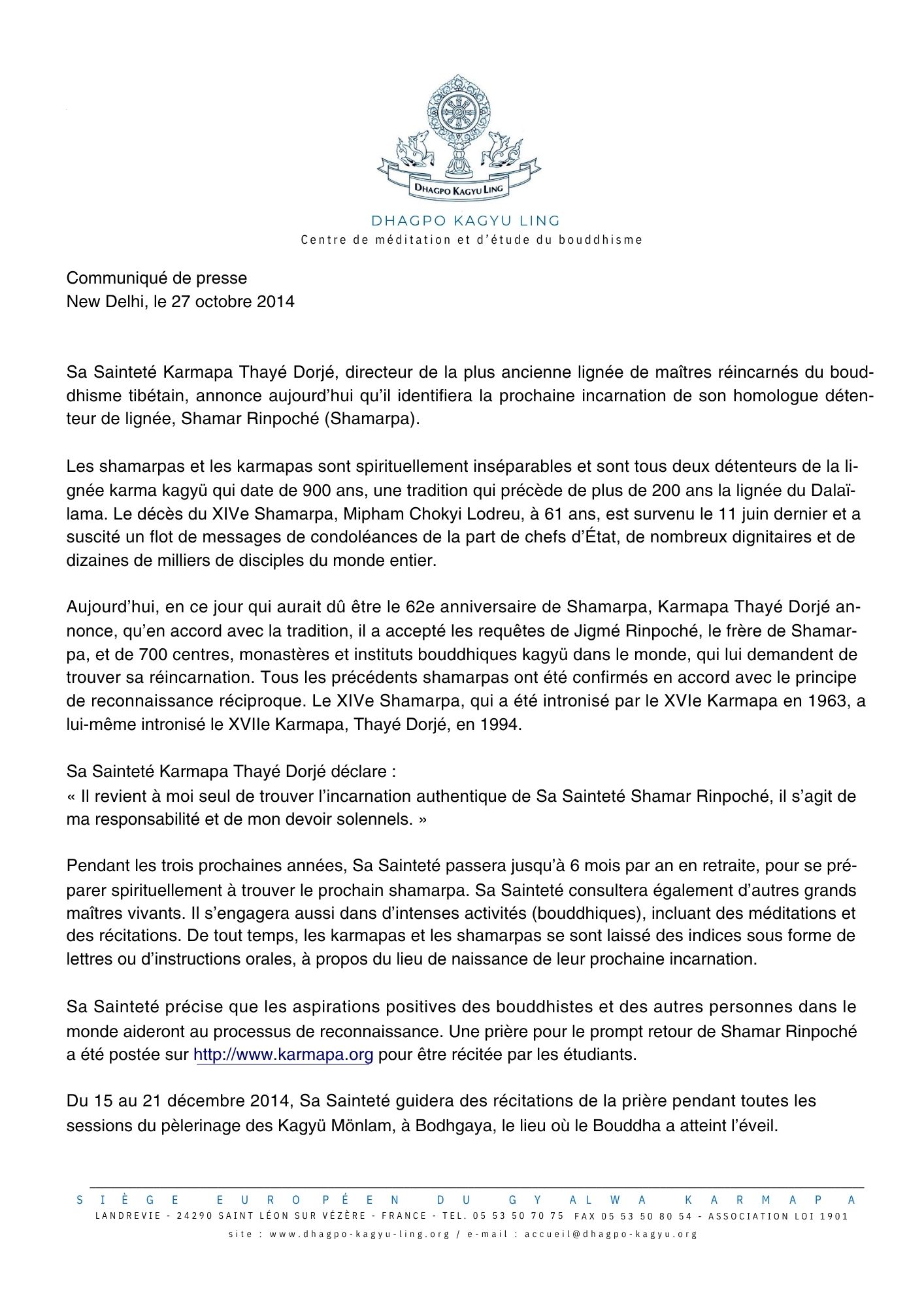 Karmapa decouvrira rencarnation communiqué Demande officielle de reconnaissance