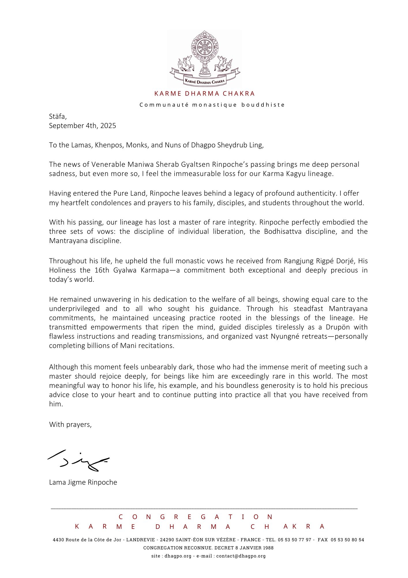 Lettre A4_LJR_parinirvana_ANG 78ᵉ anniversaire de l’indépendance de l’Inde : le message de Karmapa