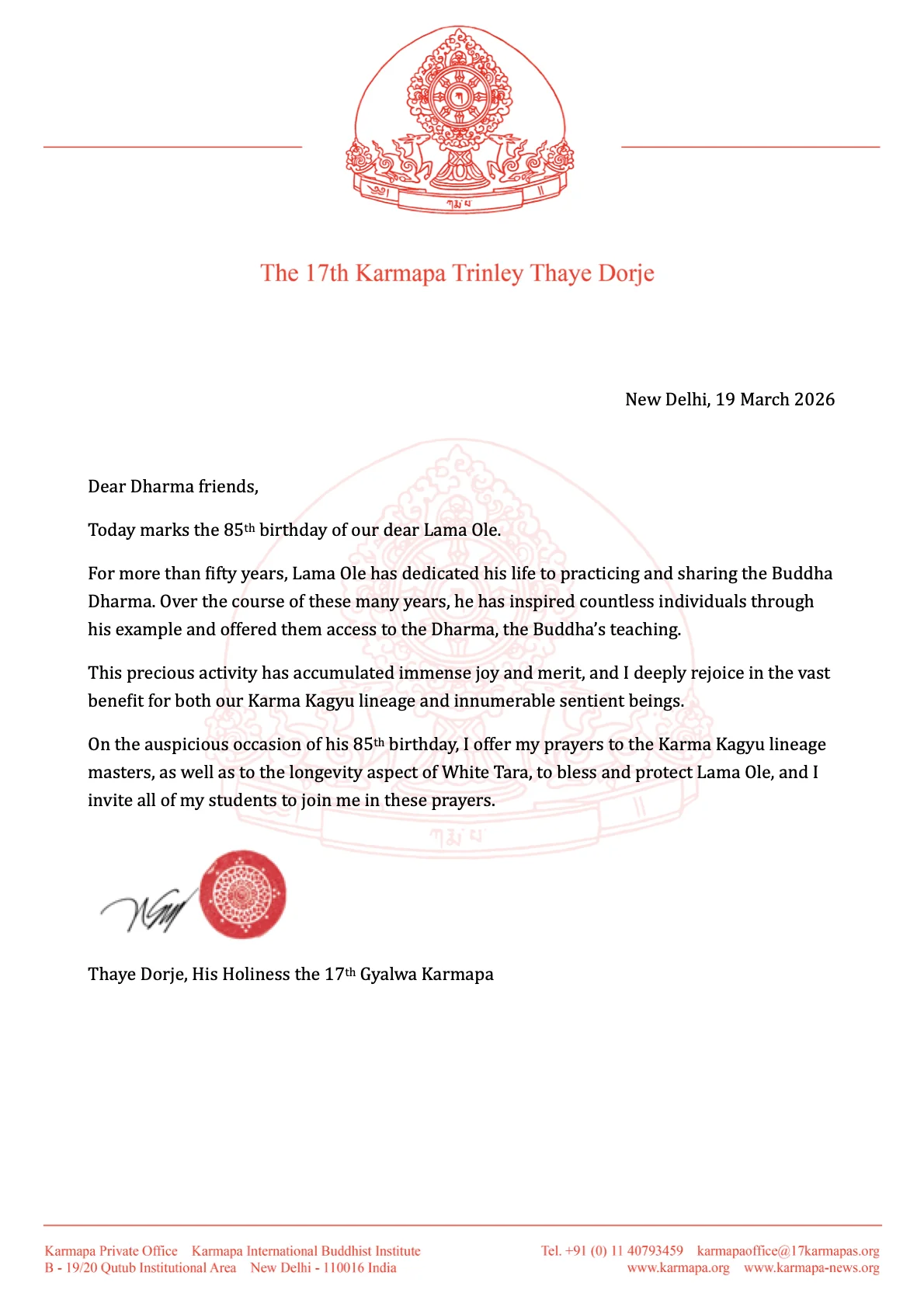 Message de Karmapa à l’occasion du 84e anniversaire de lama Ole